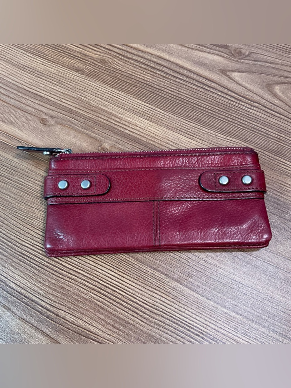 Fossil Red Leather Long Wallet Organizer Multi Card ID Window Snap Closure